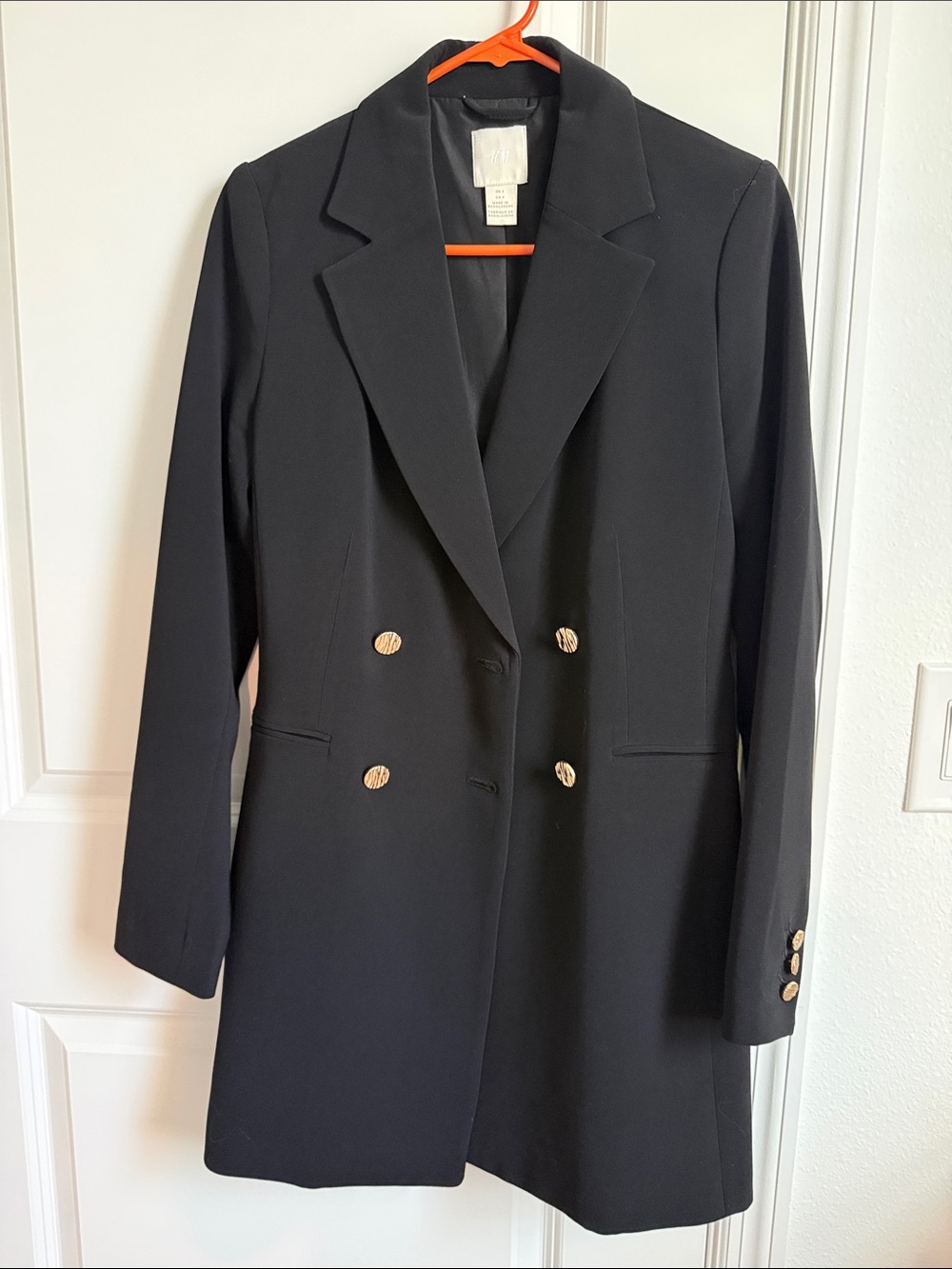H&M Black Double-Breasted Long Blazer with Gold Buttons